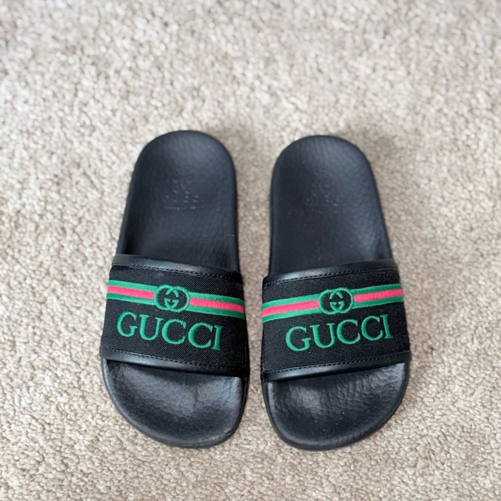 Gucci Kids Black and Green Slide Sandals